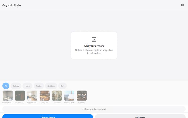 Grayscale Studio's start screen: an Add your artwork prompt above a row of gallery, home and studio background thumbnails